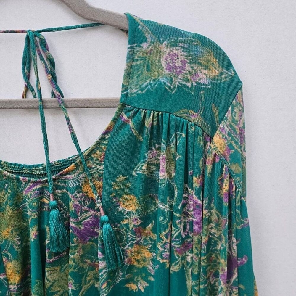 Free People Emerald Floral Sheer Tie Back Crop Top Boho Festival Blouse Sz M NWT - Picture 6 of 6